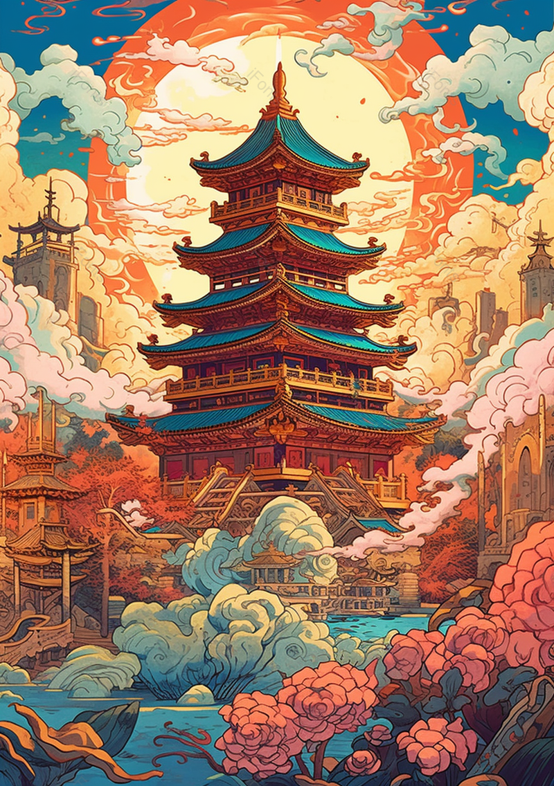 中国风古典名胜古迹岳阳楼祥云插画,插画/手绘图,插画/手绘图库,插画/手绘图下载,插画/手绘